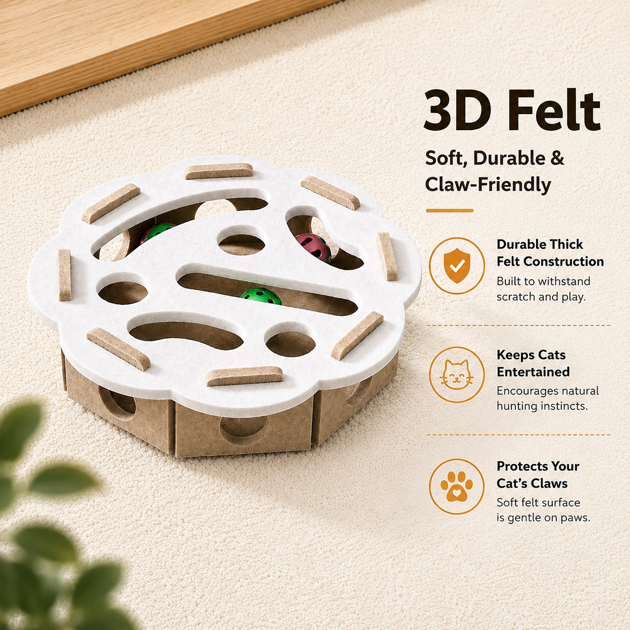 Felt Cat Maze Play Box with Bell Ball Interactive Toy for Kittens and Cats - Round White