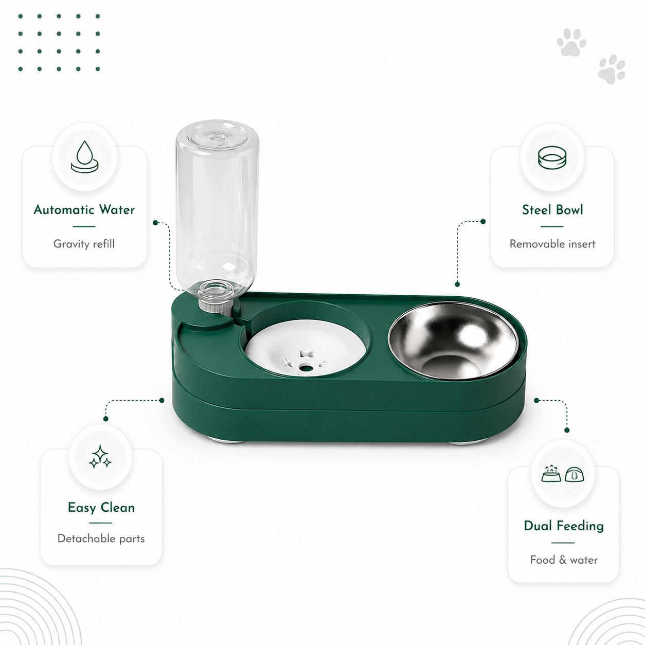 Cat Feeding Station with Automatic Drinking Dispenser - Green