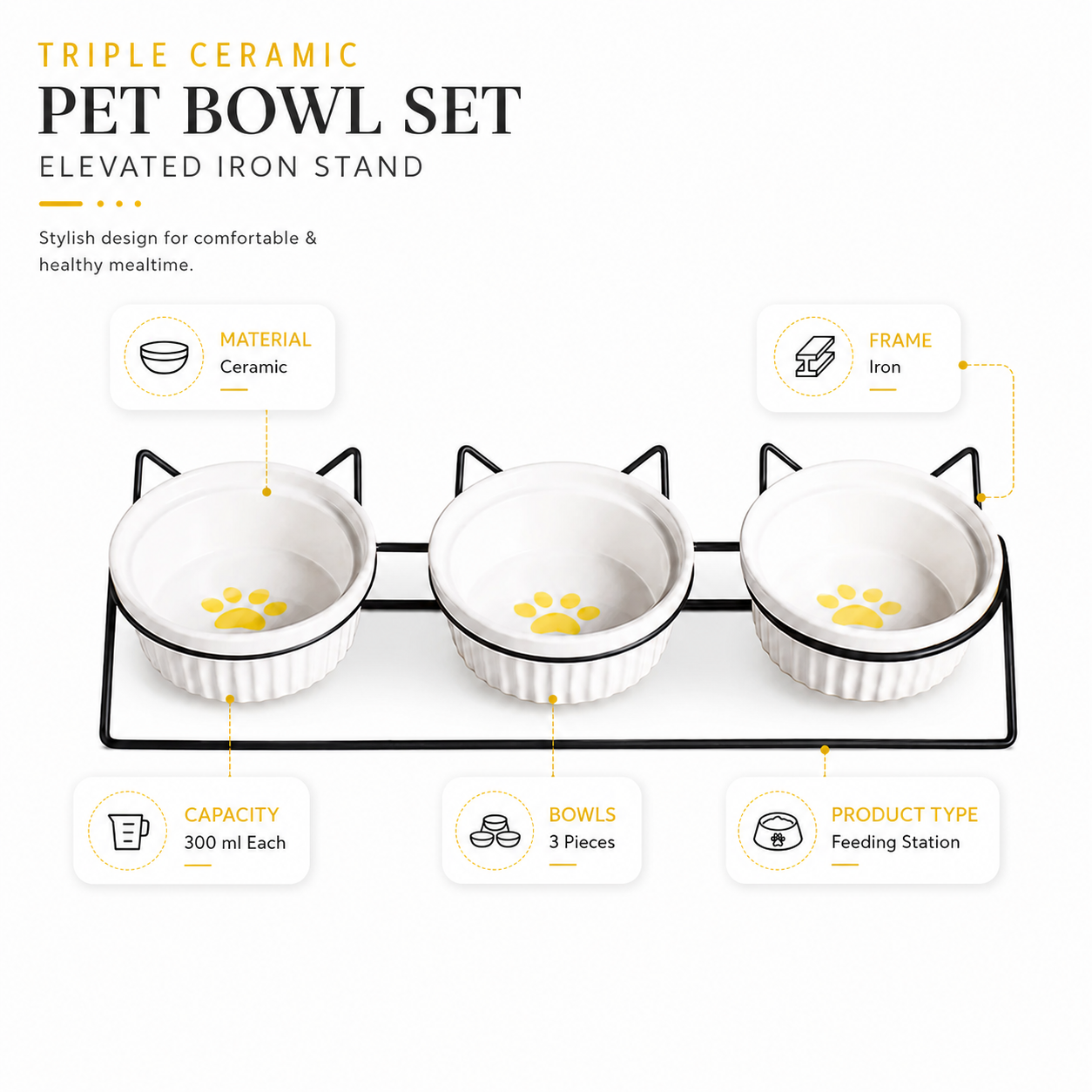 Triple Ceramic Pet Bowl Set with Elevated Iron Stand