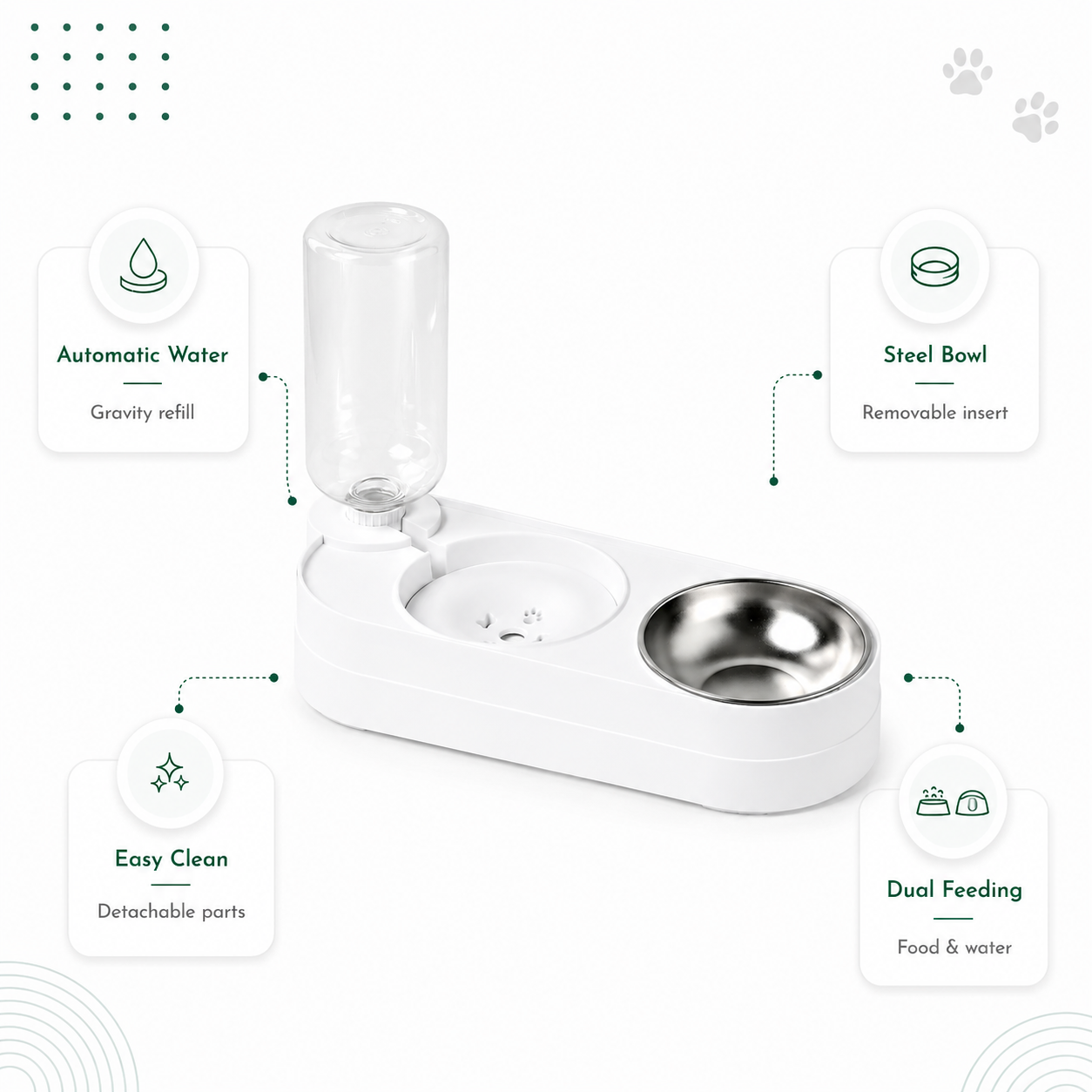 Cat Feeding Station with Automatic Water Dispenser - White