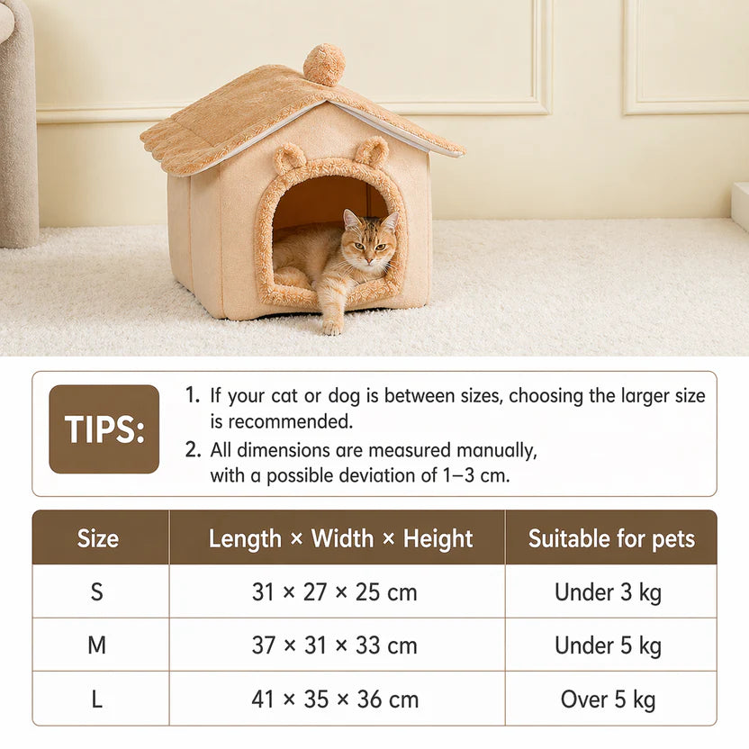 Foldable Pet House with Removable Cushion Soft Cat Bed for Small Dogs and Cats - Brown