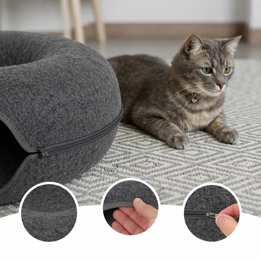 Round Felt Cat Tunnel Bed Donut Nest Cat House with Zipper Design for Cats - Dark Grey