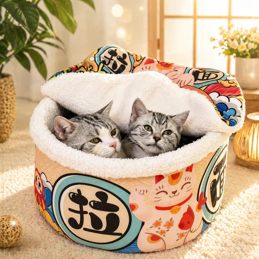 Instant Noodle Soft Pet Cushion Bed Round Nest with Removable Cover for Cats and Small Dogs