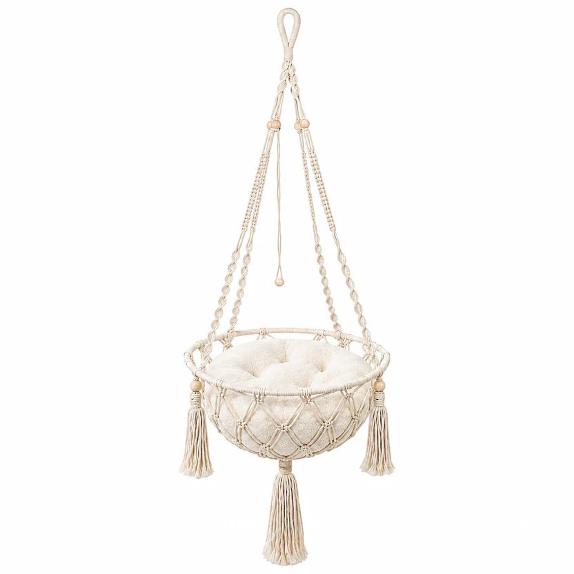 Hand Woven Cat Hanging Hammock Indoor Pet Basket with Cushion