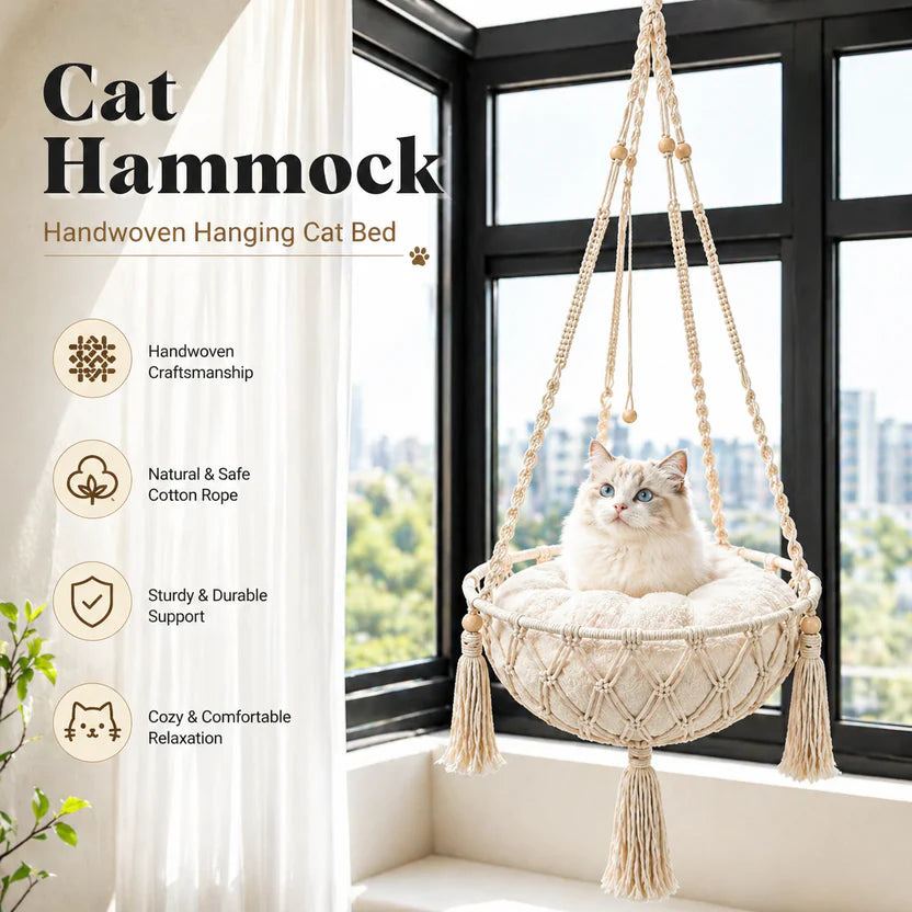 Hand Woven Cat Hanging Hammock Indoor Pet Basket with Cushion
