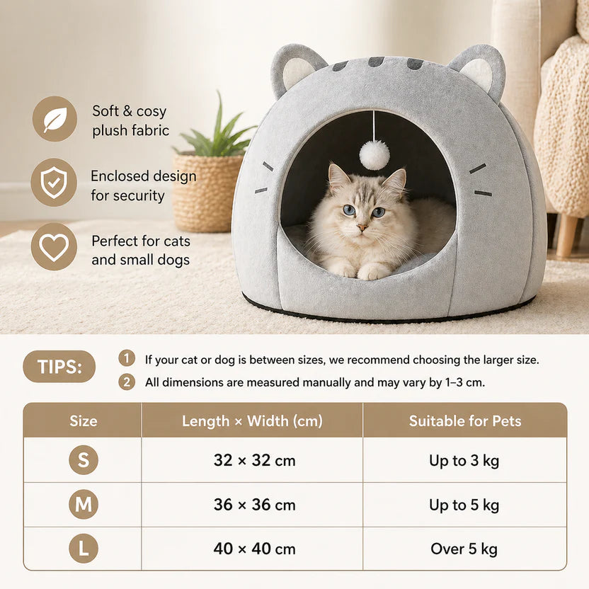 Enclosed Cotton Cat Cave Bed Pet House Cushion for Indoor Cats and Small Dogs