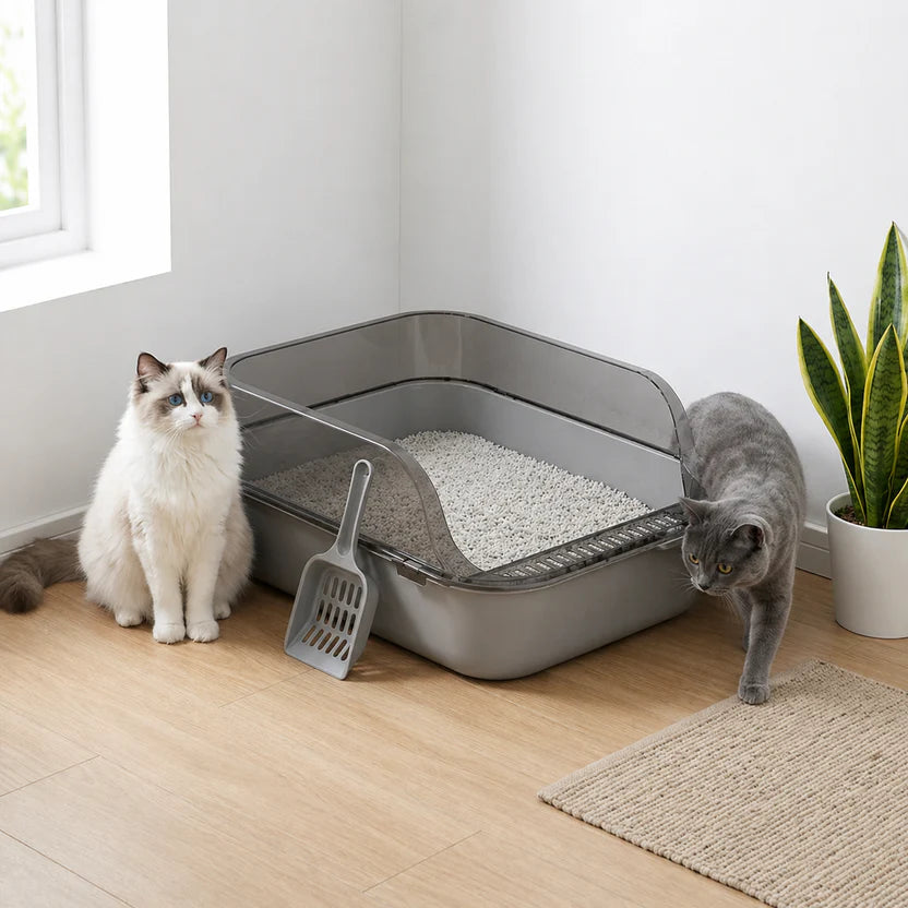Semi Enclosed Cat Litter Box Splash Guard Pet Toilet Tray Easy Clean Design