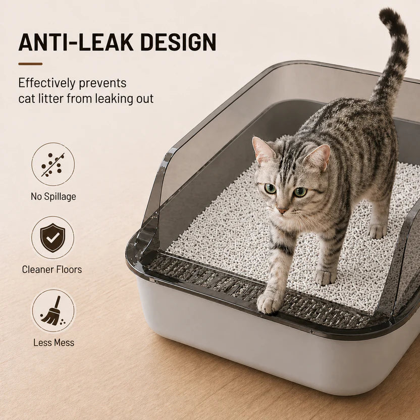 Semi Enclosed Cat Litter Box Splash Guard Pet Toilet Tray Easy Clean Design