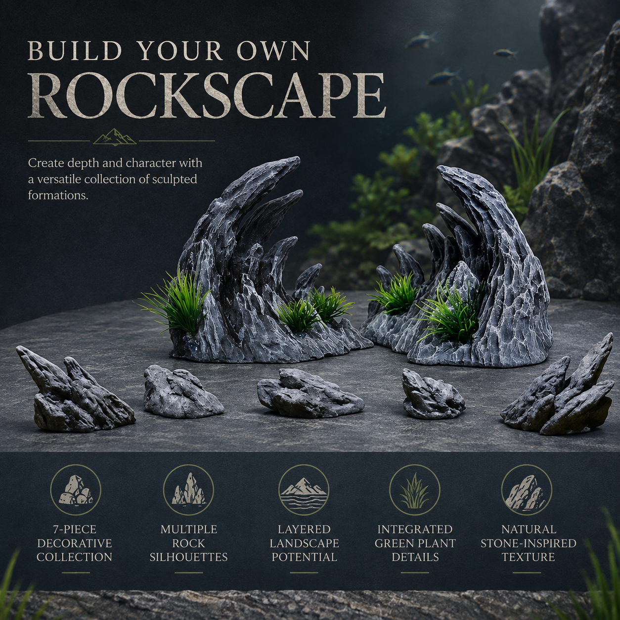 7PCS Aquarium Resin Dragon Stone Rock Ornaments