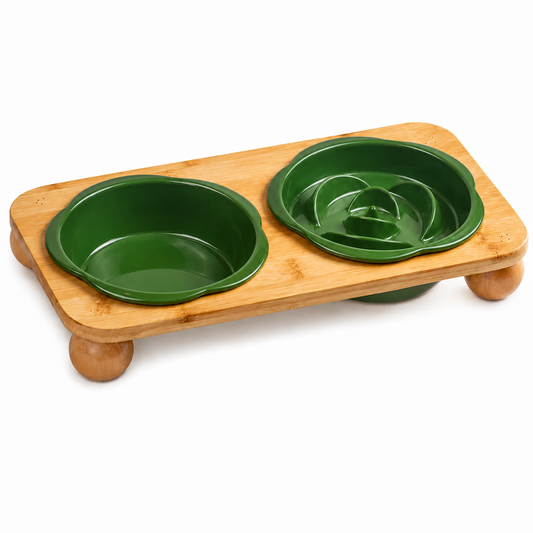 Ceramic Cat Slow Feeder and Water Bowl Set - Green