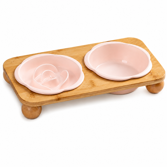 Ceramic Cat Slow Feeder and Water Bowl Set - Pink