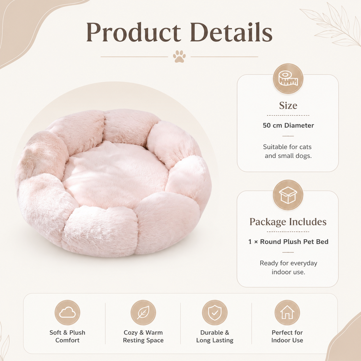 Soft Cozy Round Plush Pet Bed for Cats and Small Dogs