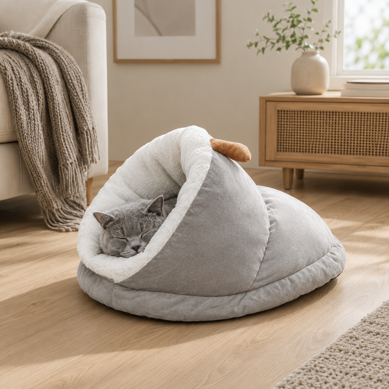 Warm Plush Slipper Style Pet Bed for Cats and Small Dogs - Grey
