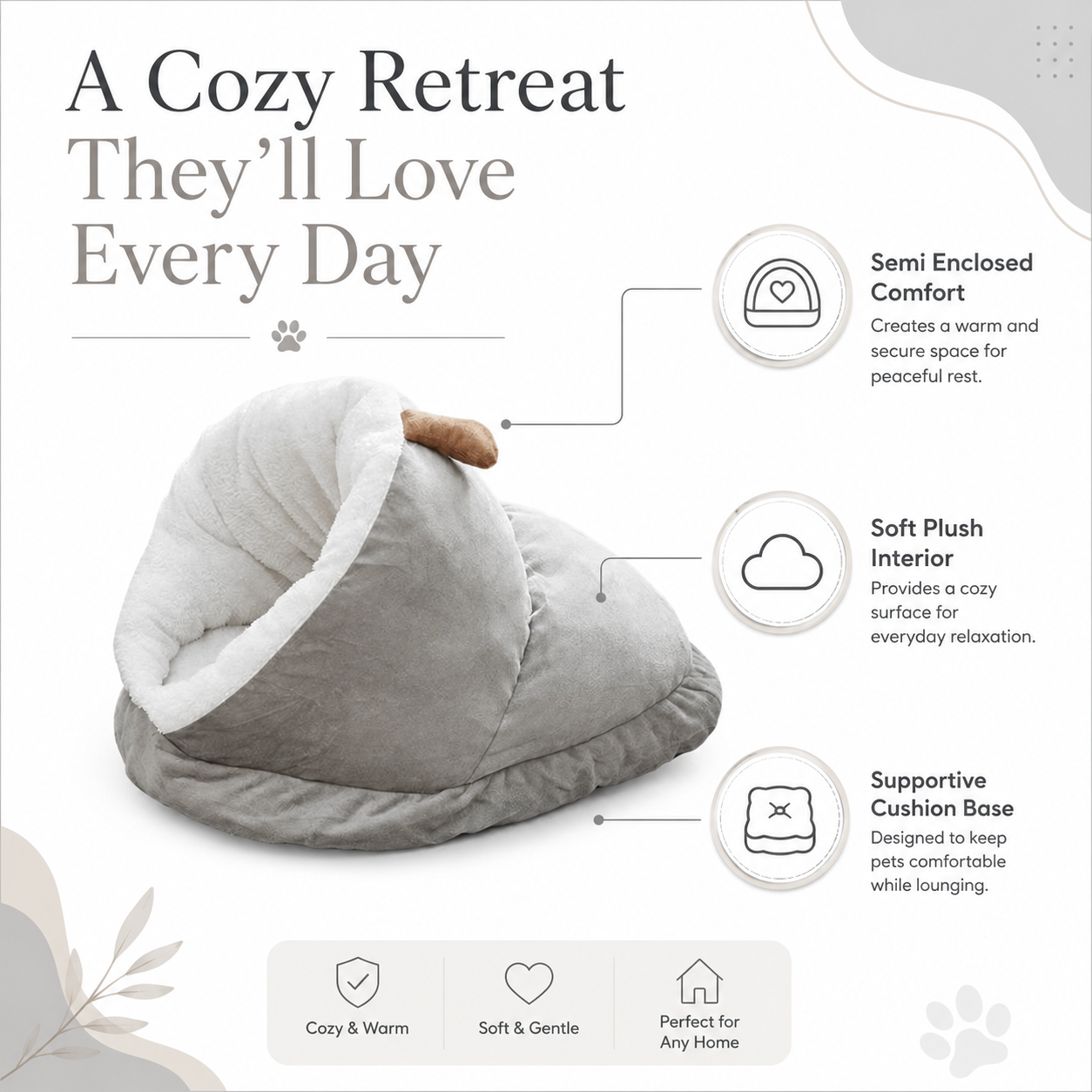 Warm Plush Slipper Style Pet Bed for Cats and Small Dogs - Grey