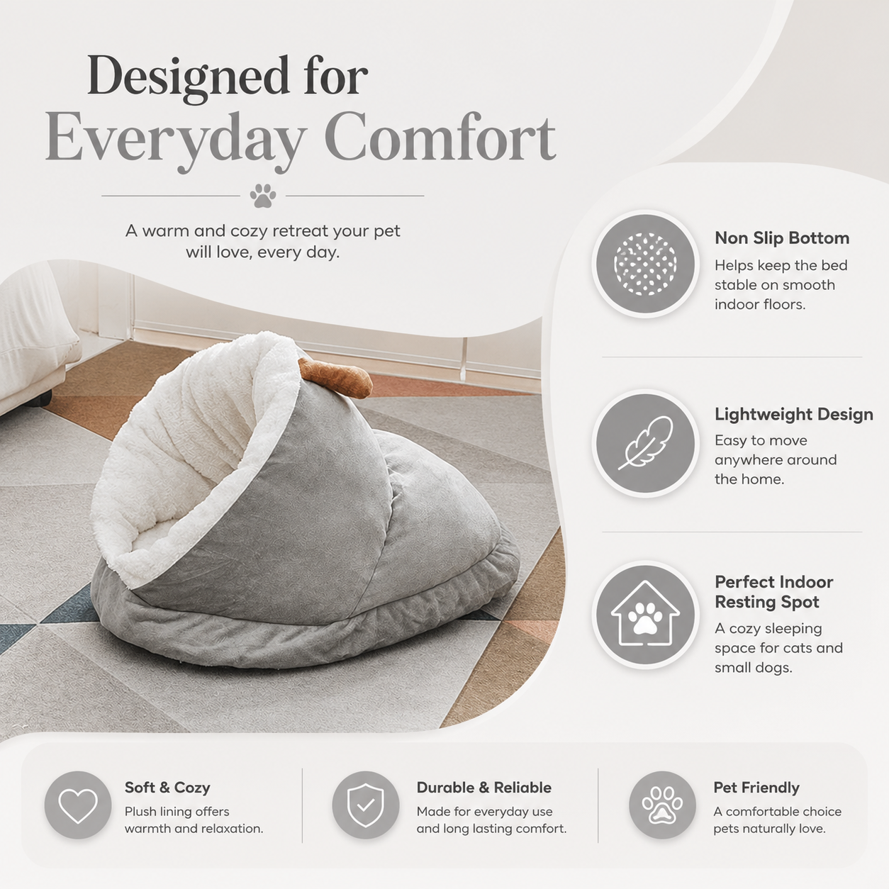 Warm Plush Slipper Style Pet Bed for Cats and Small Dogs - Grey