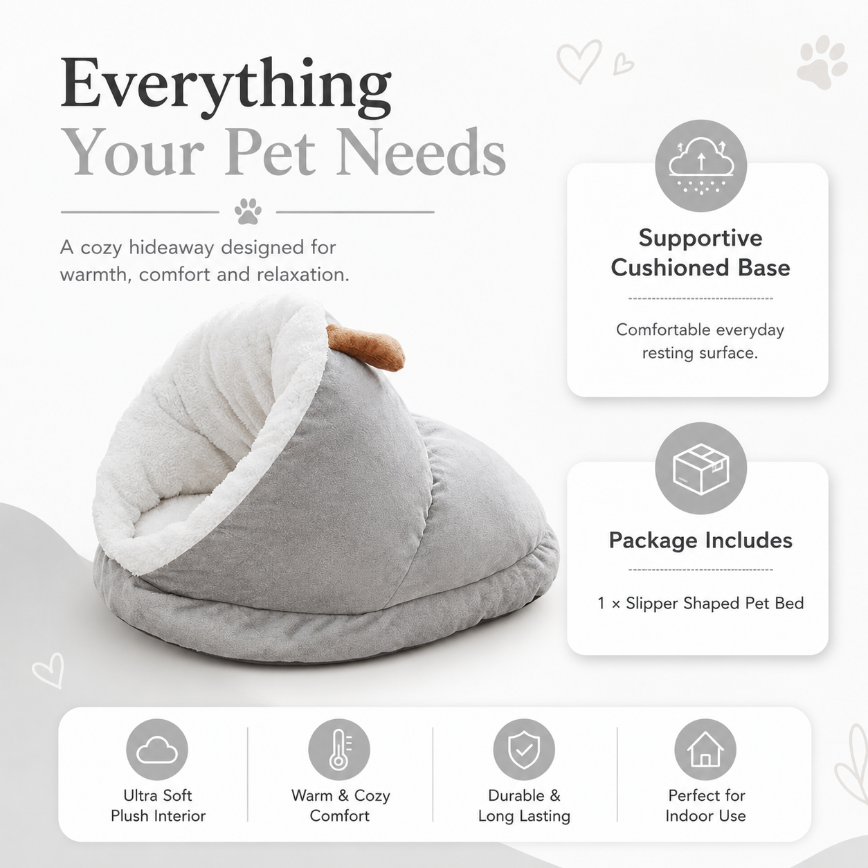 Warm Plush Slipper Style Pet Bed for Cats and Small Dogs - Grey
