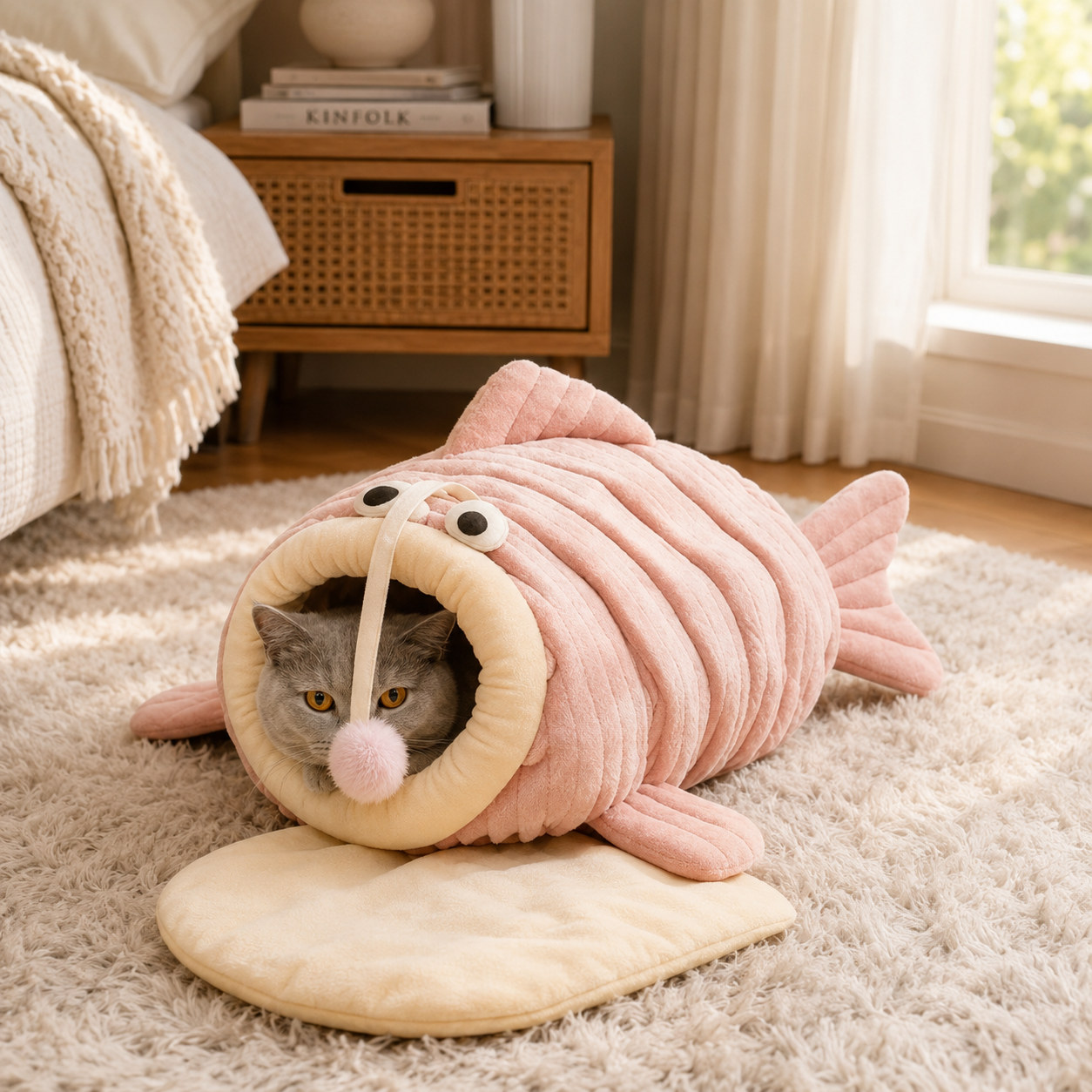 Lantern Fish Shaped Plush Cat Cave Bed