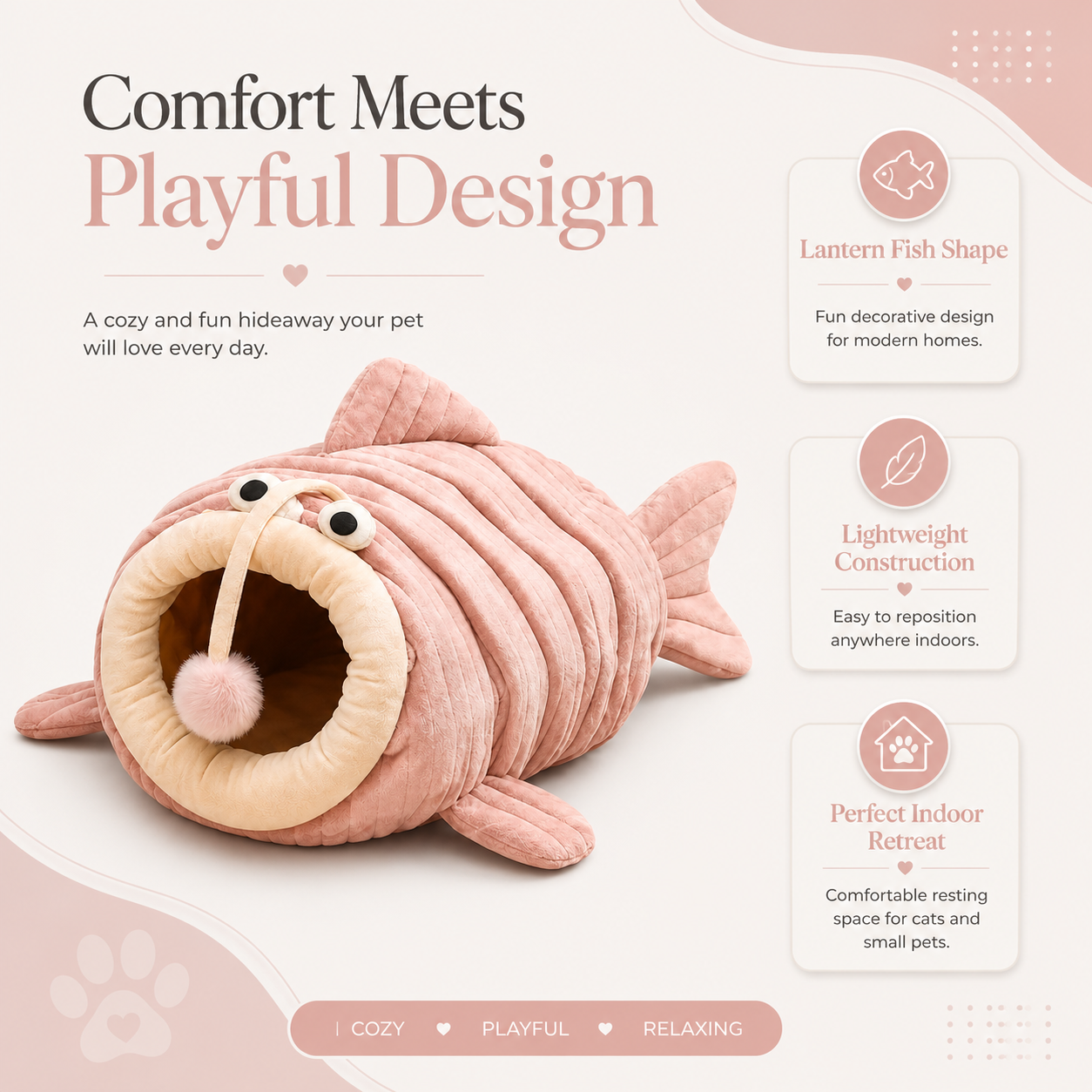 Lantern Fish Shaped Plush Cat Cave Bed