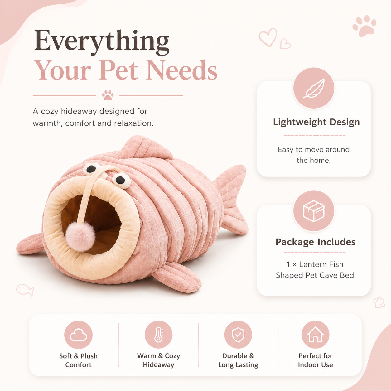 Lantern Fish Shaped Plush Cat Cave Bed
