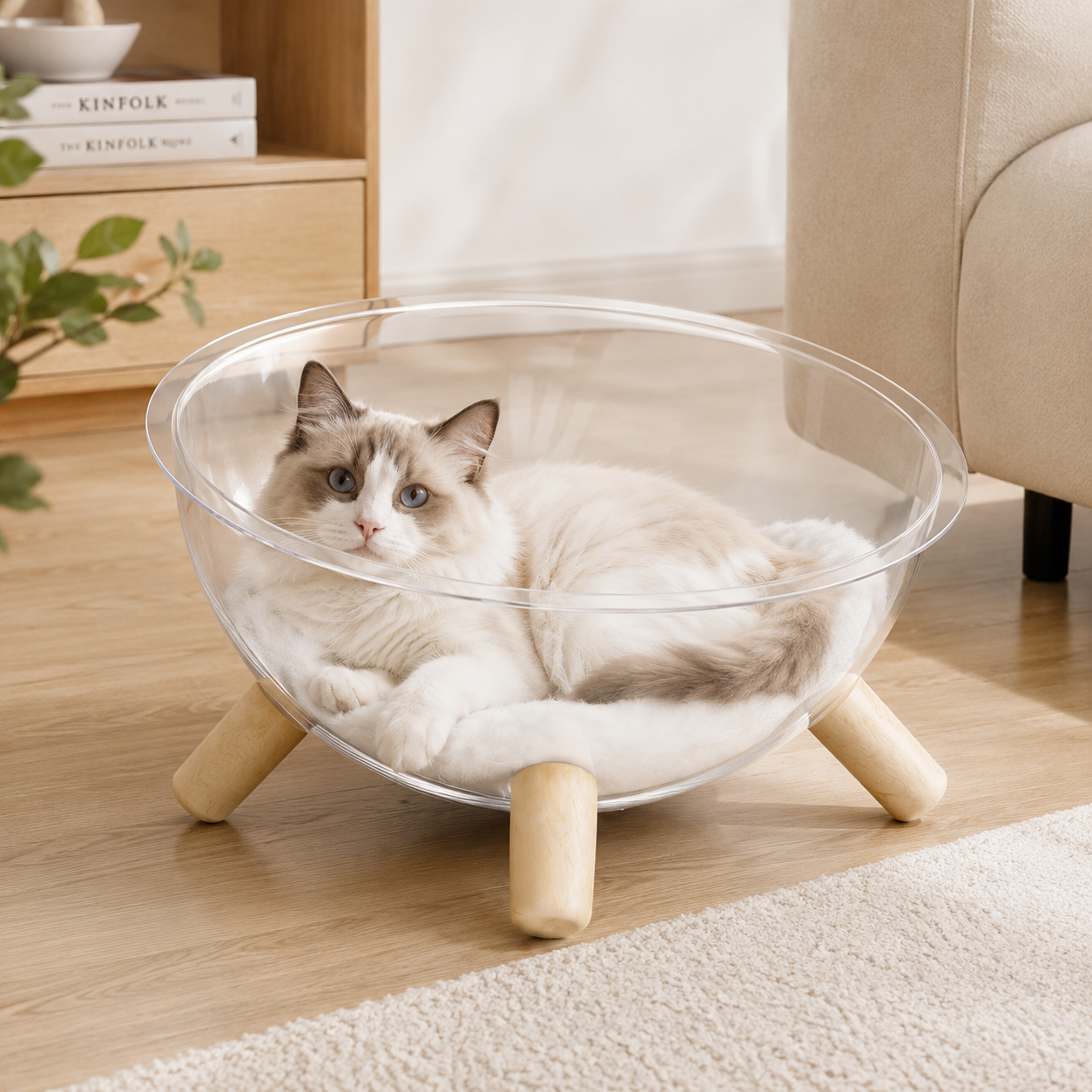 Transparent Cat Bed with Wooden Stand and Plush Cushion