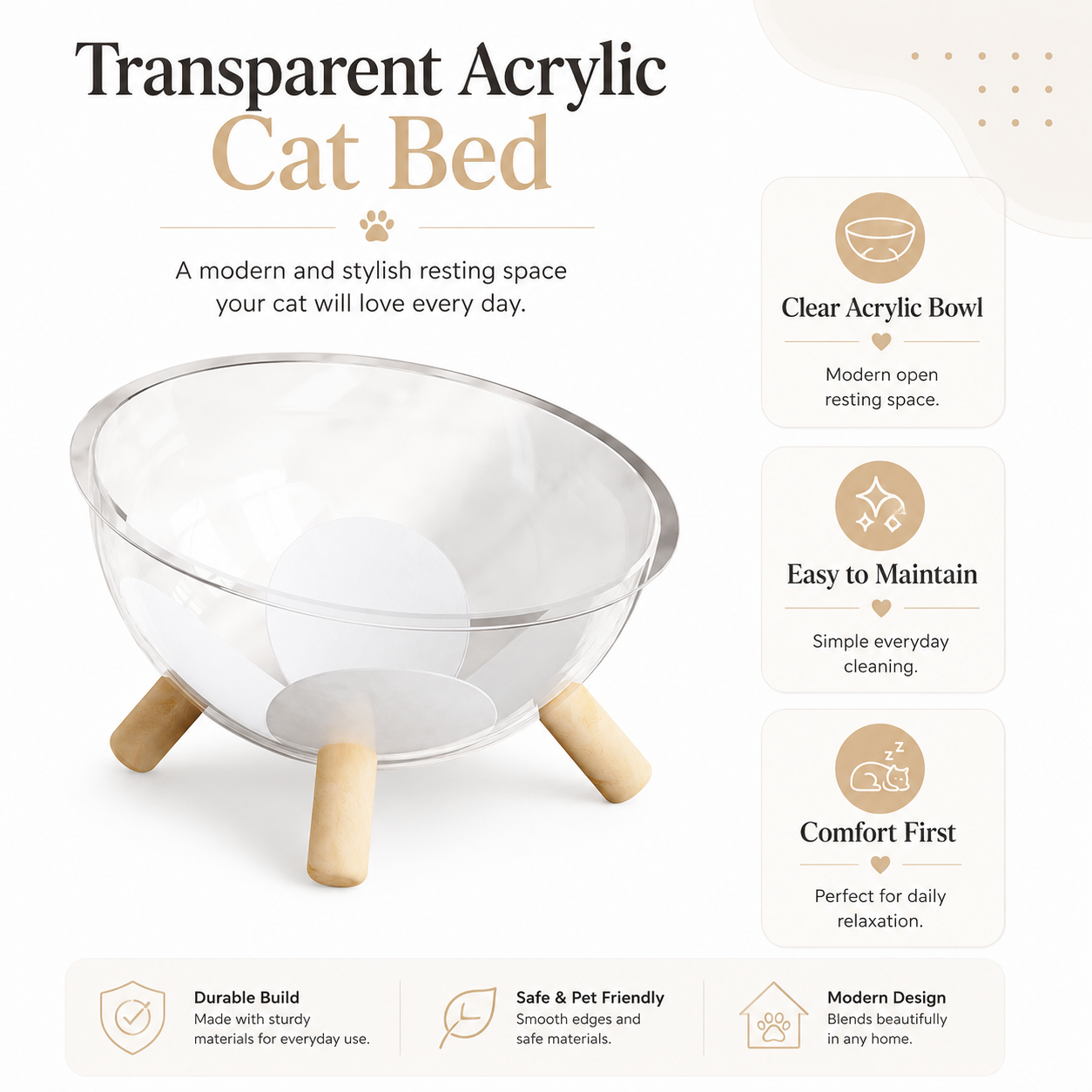 Transparent Cat Bed with Wooden Stand and Plush Cushion