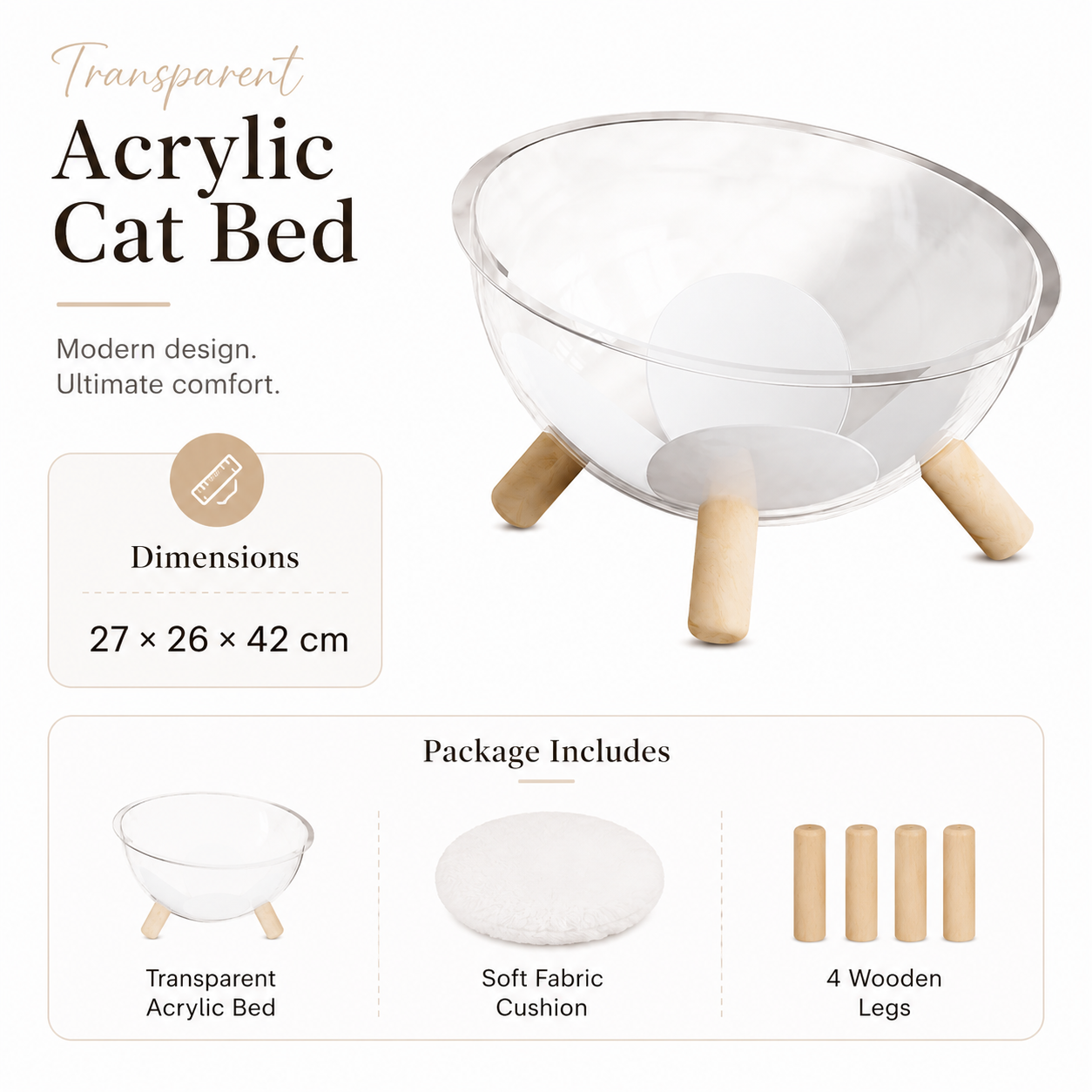 Transparent Cat Bed with Wooden Stand and Plush Cushion