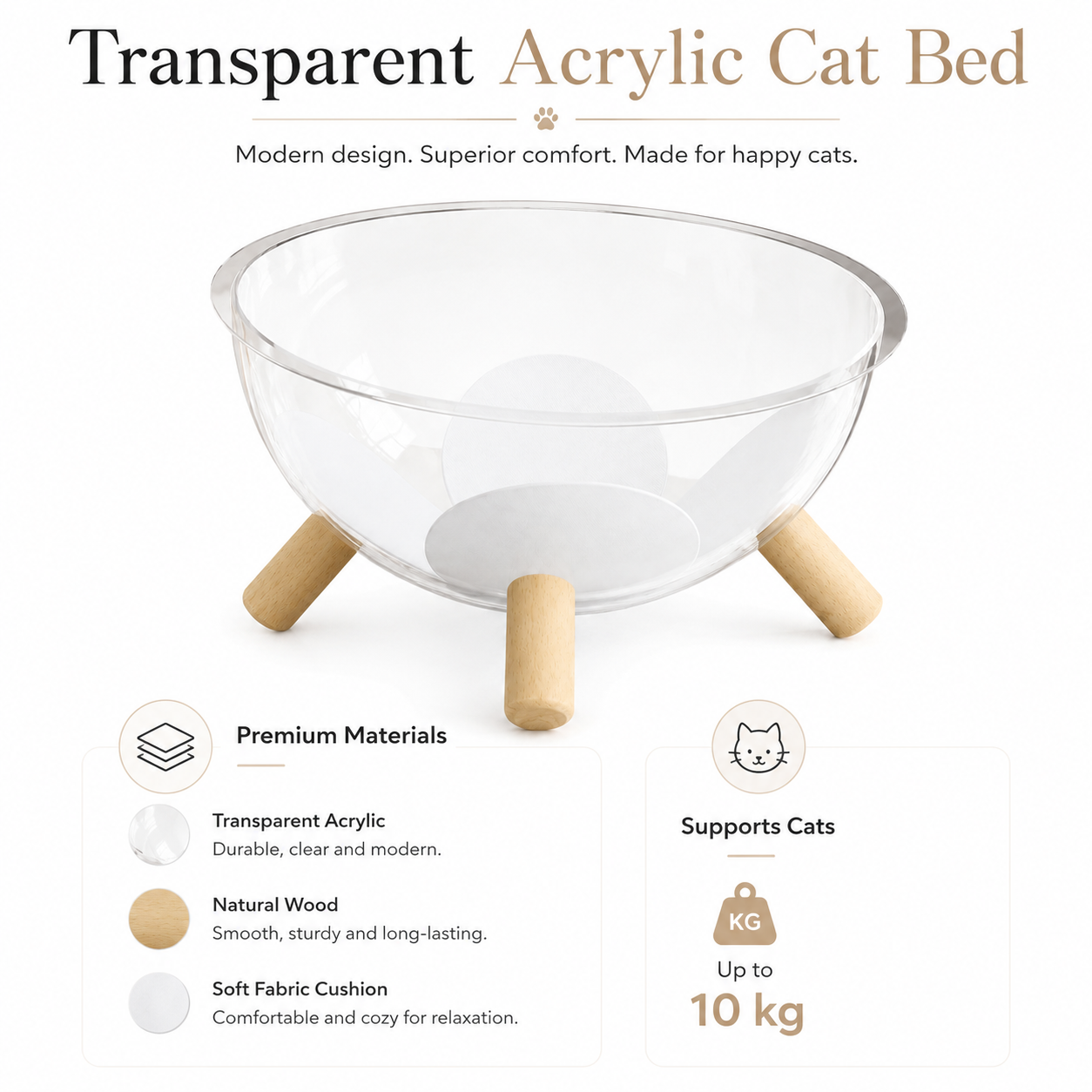 Transparent Cat Bed with Wooden Stand and Plush Cushion