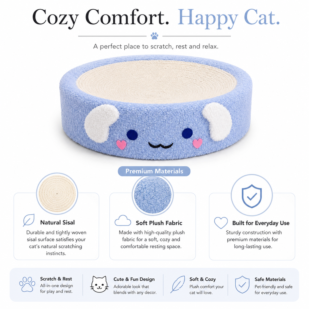 Round Plush Lounger Cat Scratcher Bed with Sisal Surface
