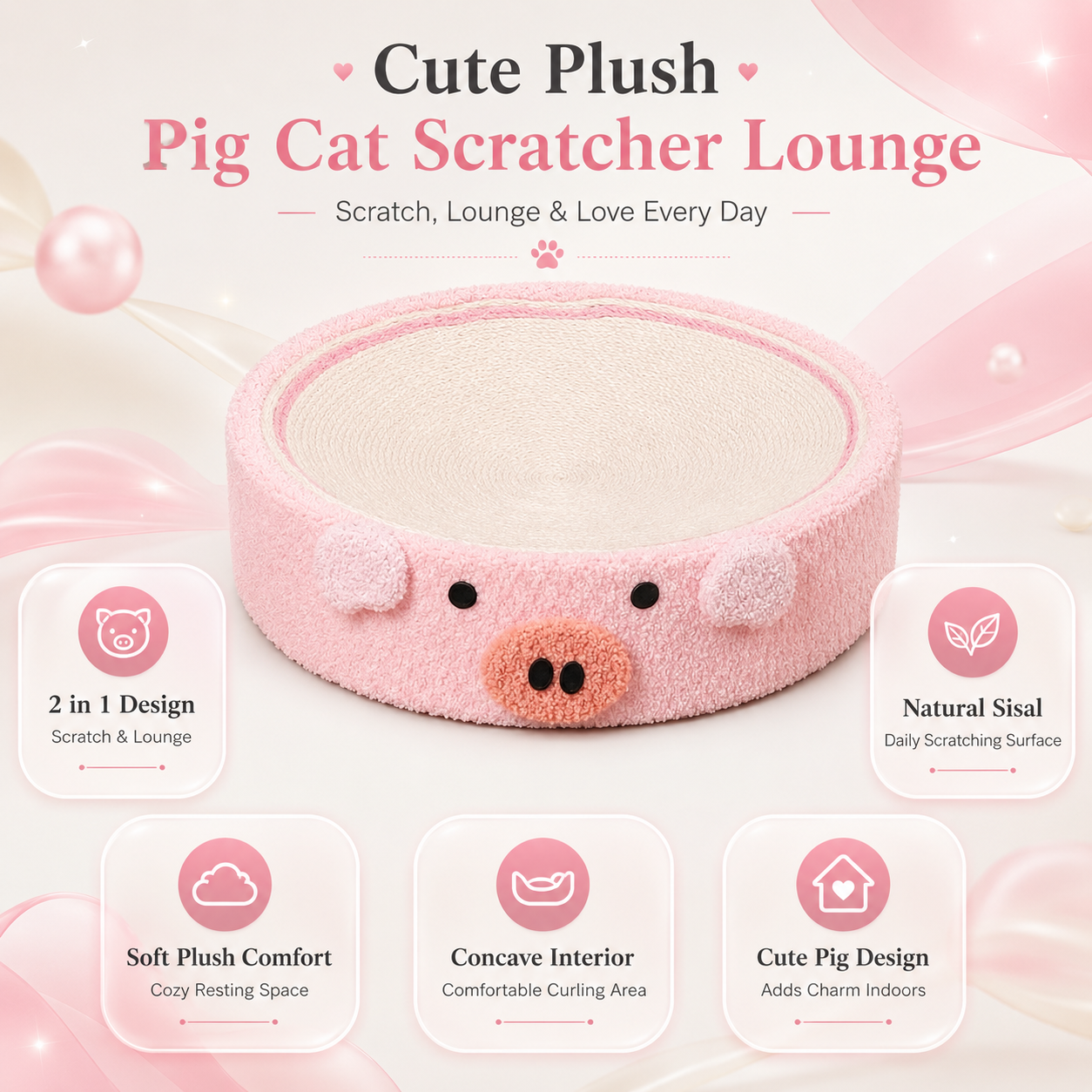 Cute Plush Pig Round Cat Scratcher Lounge Bed with Sisal Pad