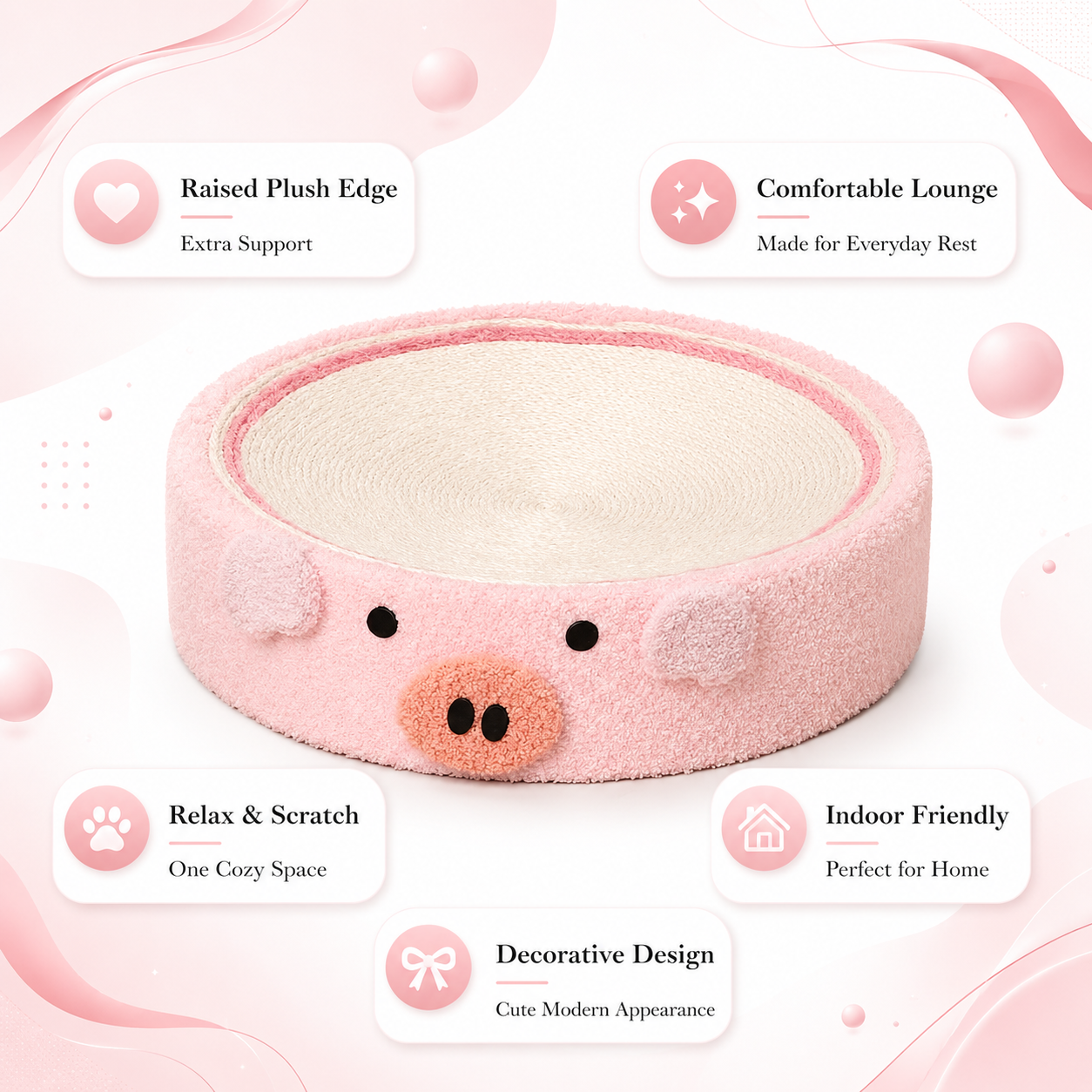 Cute Plush Pig Round Cat Scratcher Lounge Bed with Sisal Pad