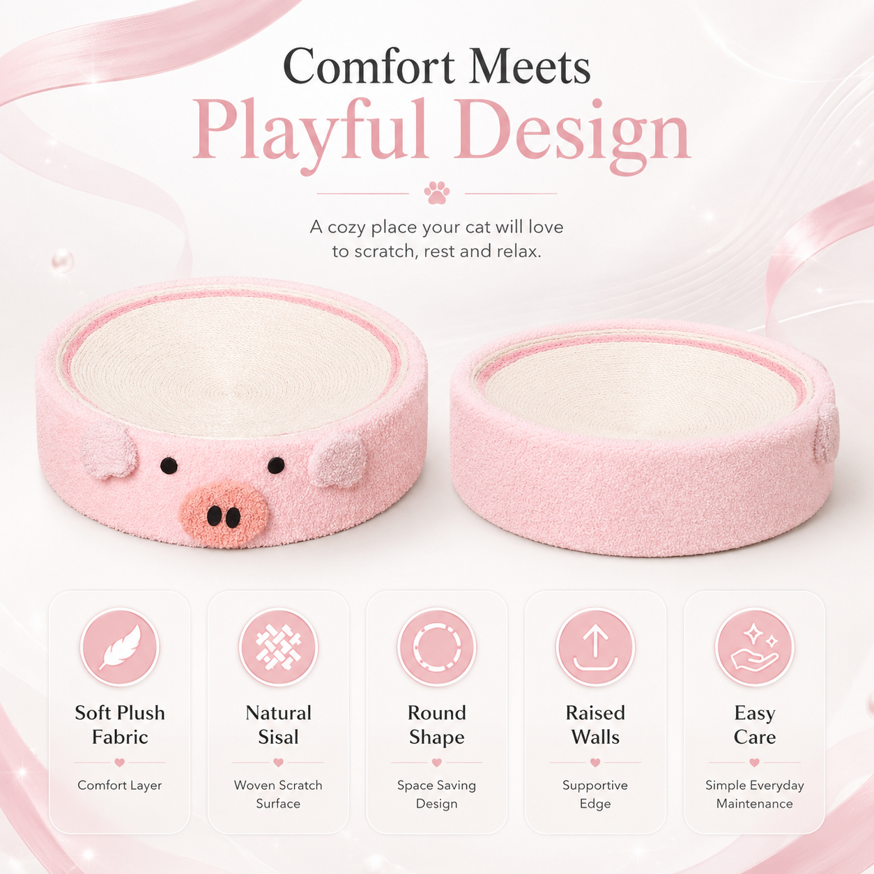 Cute Plush Pig Round Cat Scratcher Lounge Bed with Sisal Pad