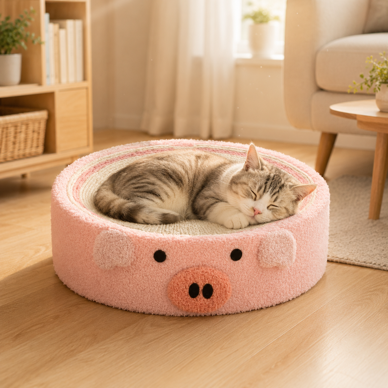 Cute Plush Pig Round Cat Scratcher Lounge Bed with Sisal Pad