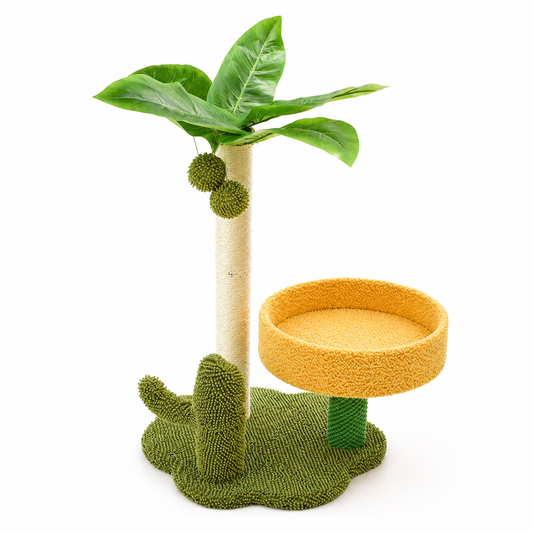 Cat Tree with Sisal Scratching Post, Plush Bed and Faux Leaves