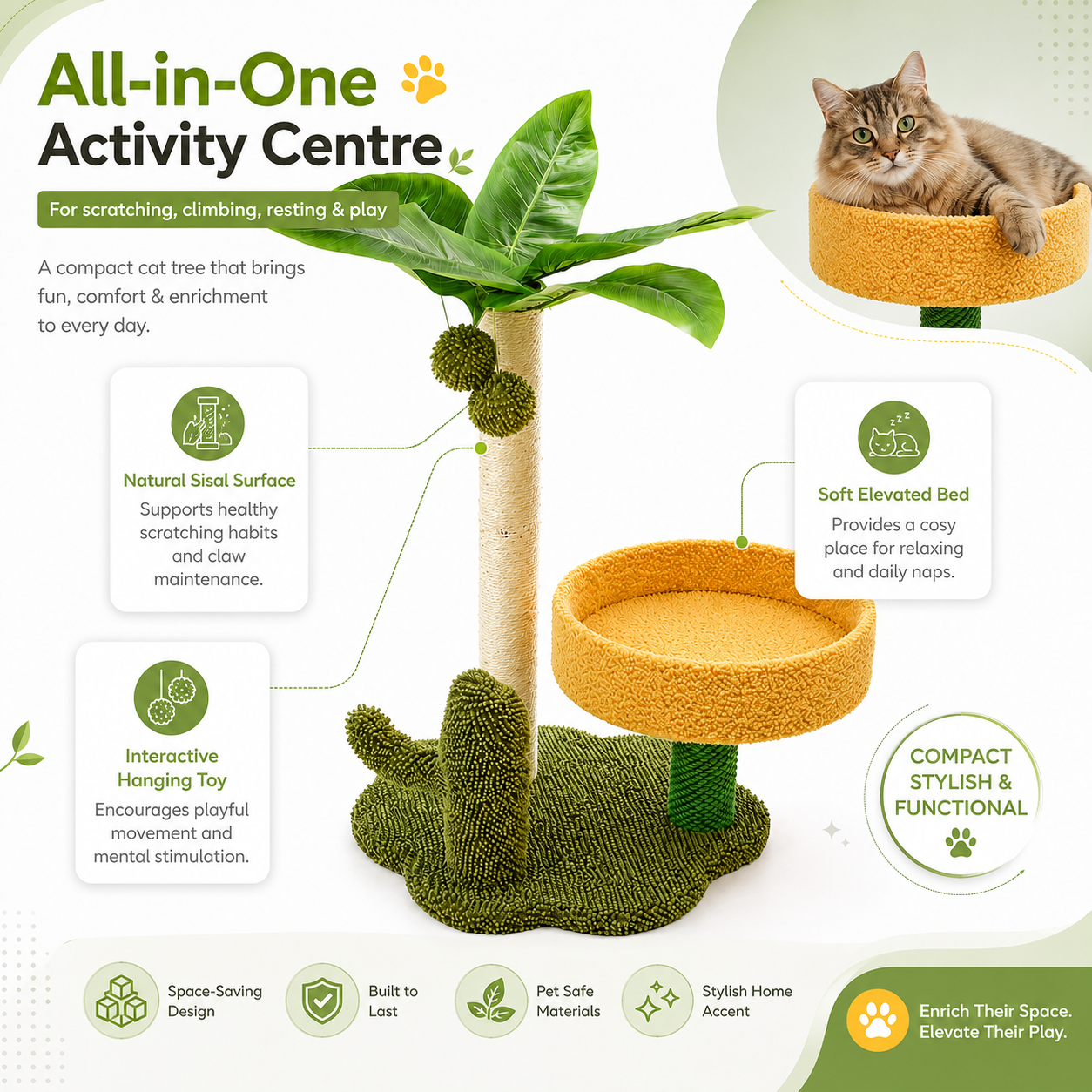 Compact Cat Tree with Sisal Scratching Post Plush Bed