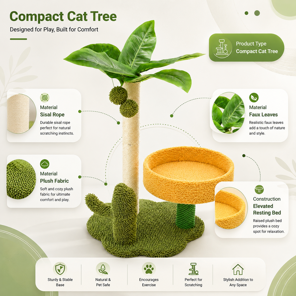 Compact Cat Tree with Sisal Scratching Post Plush Bed