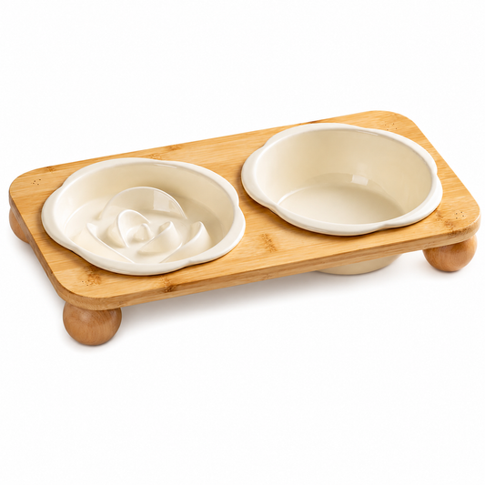 Ceramic Cat Slow Feeder and Water Bowl Set - Yellow