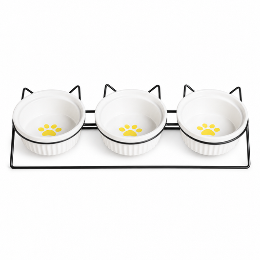 Triple Ceramic Cat Bowl Set with Elevated Iron Stand
