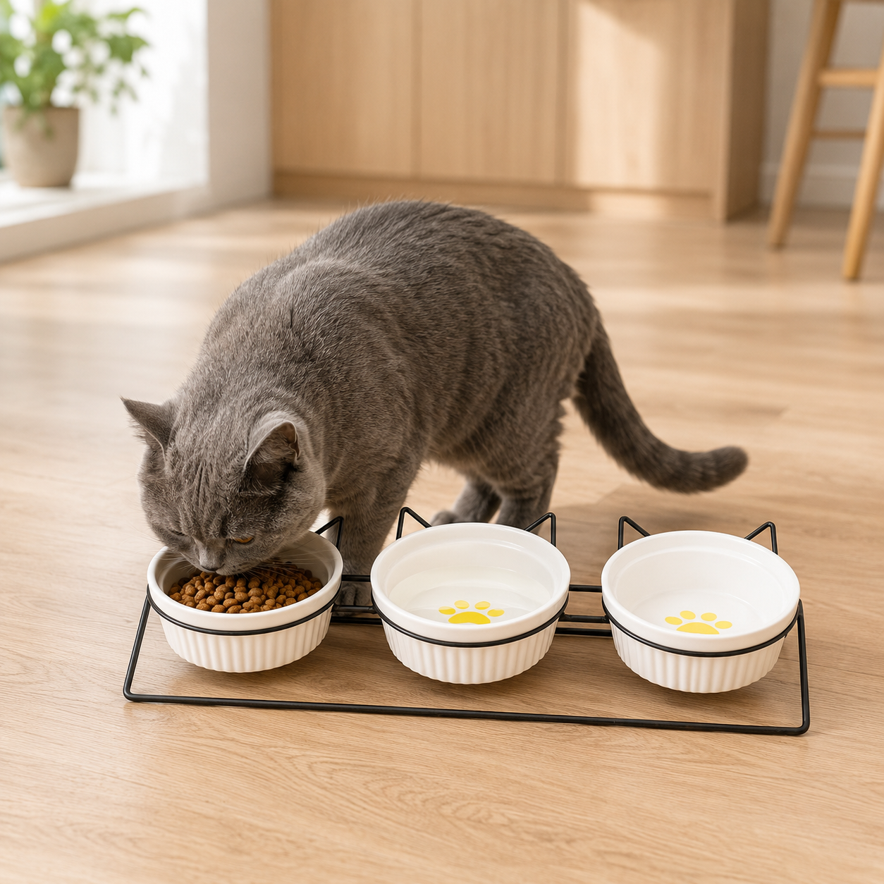 Triple Ceramic Pet Bowl Set with Elevated Iron Stand