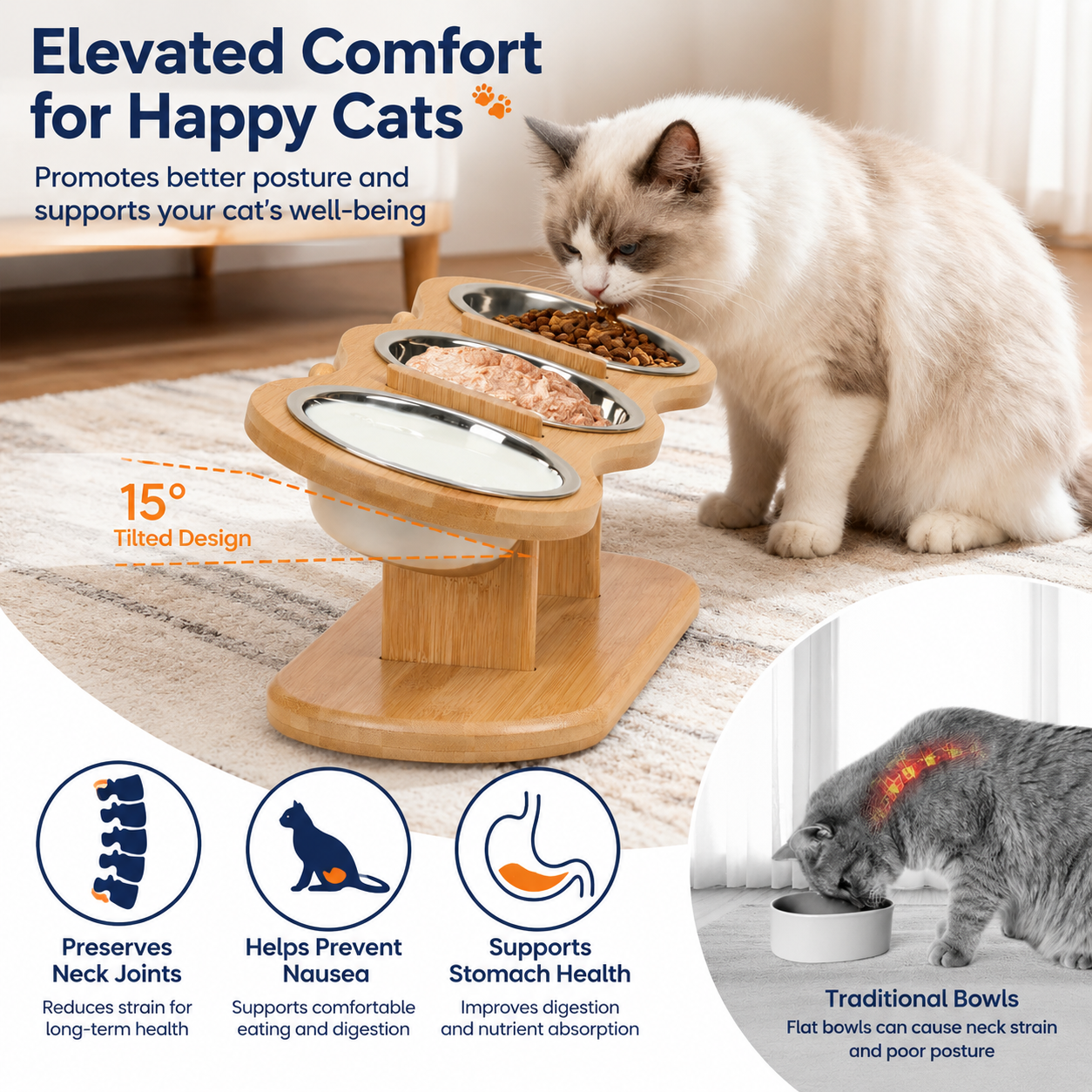 3 in 1 Elevated Stainless Steel Cat Bowl Feeding Set with 15° Angled Stand