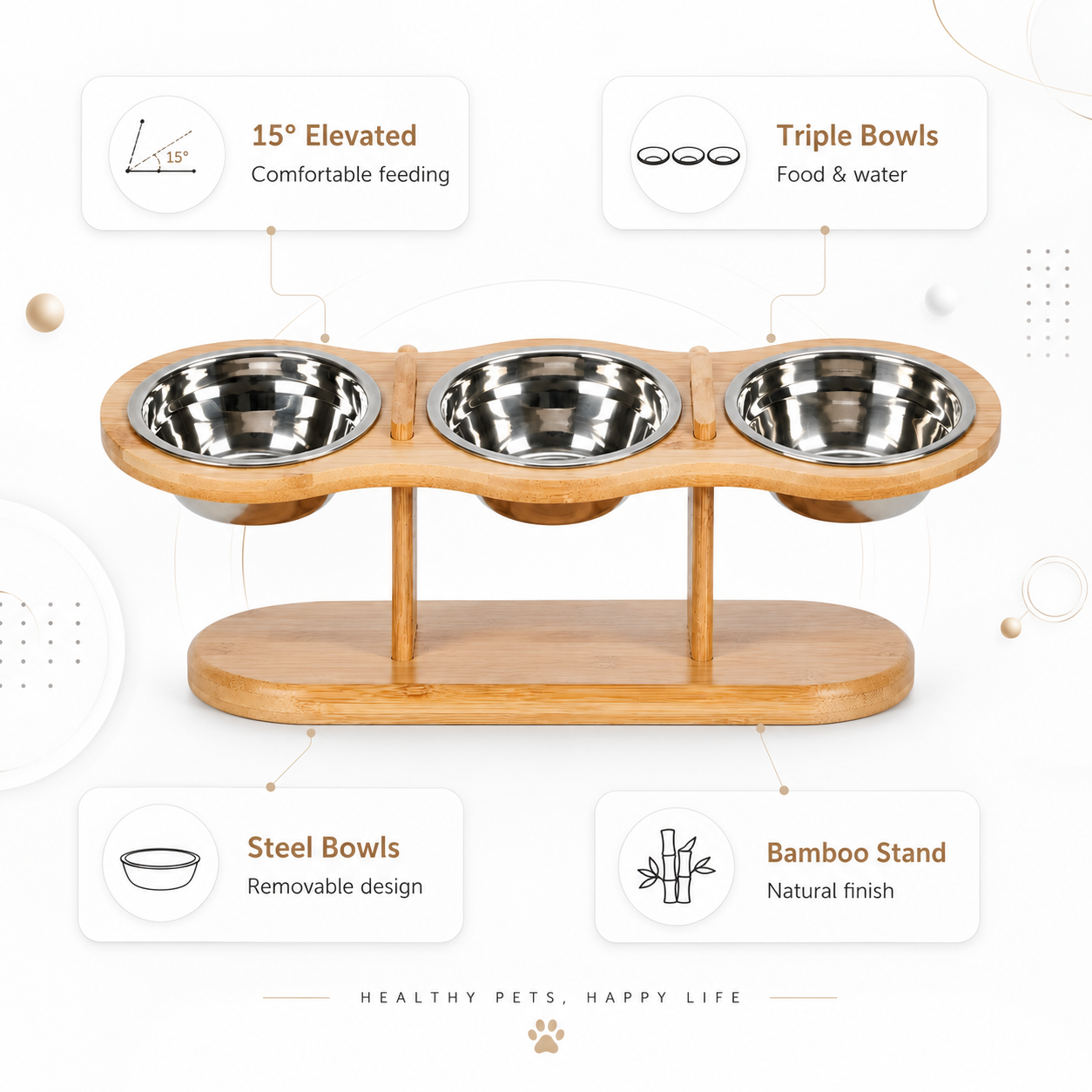 3 in 1 Elevated Stainless Steel Cat Bowl Feeding Set with 15° Angled Stand
