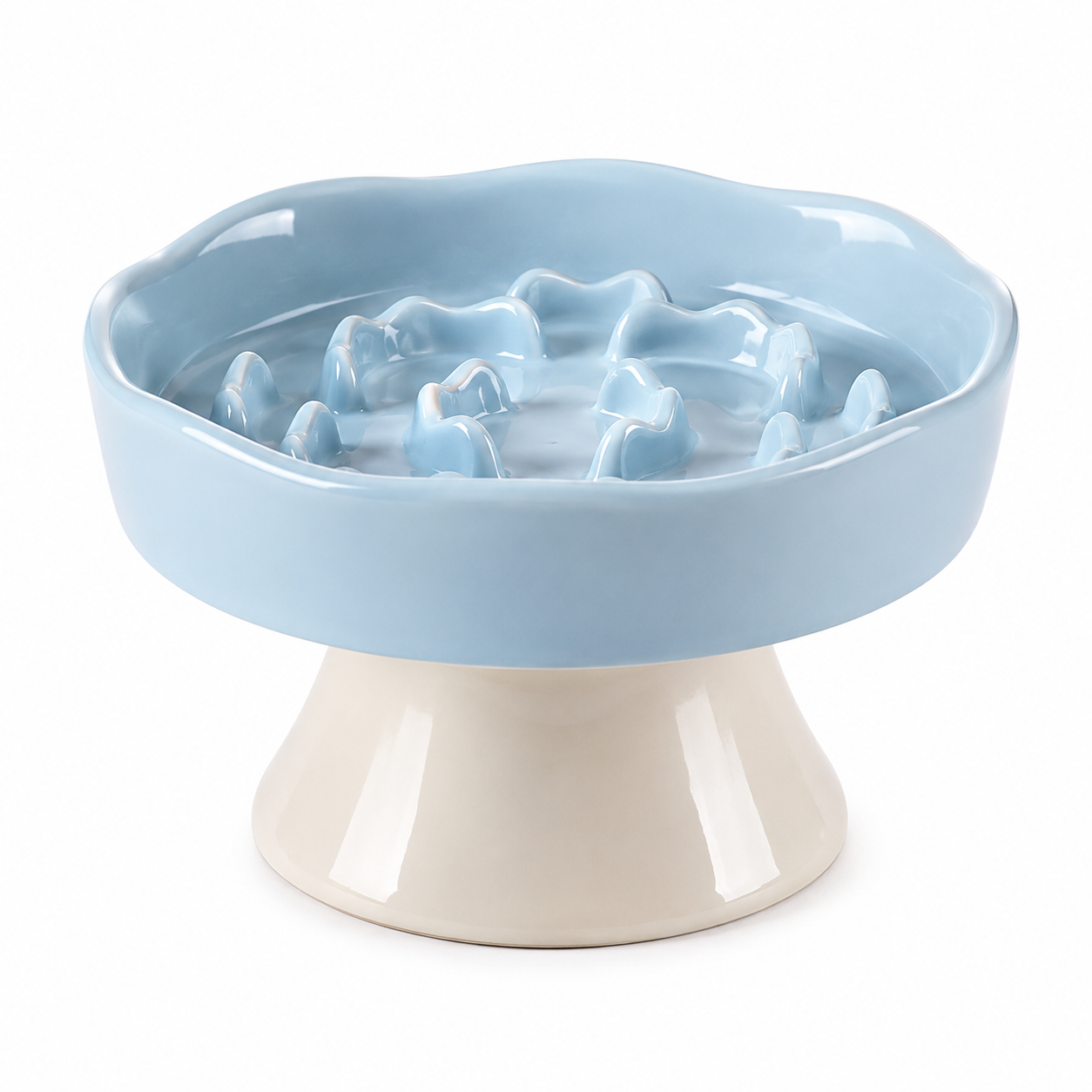 Ceramic Elevated Pet Slow Feeder Bowl for Cats and Small Dogs - Blue