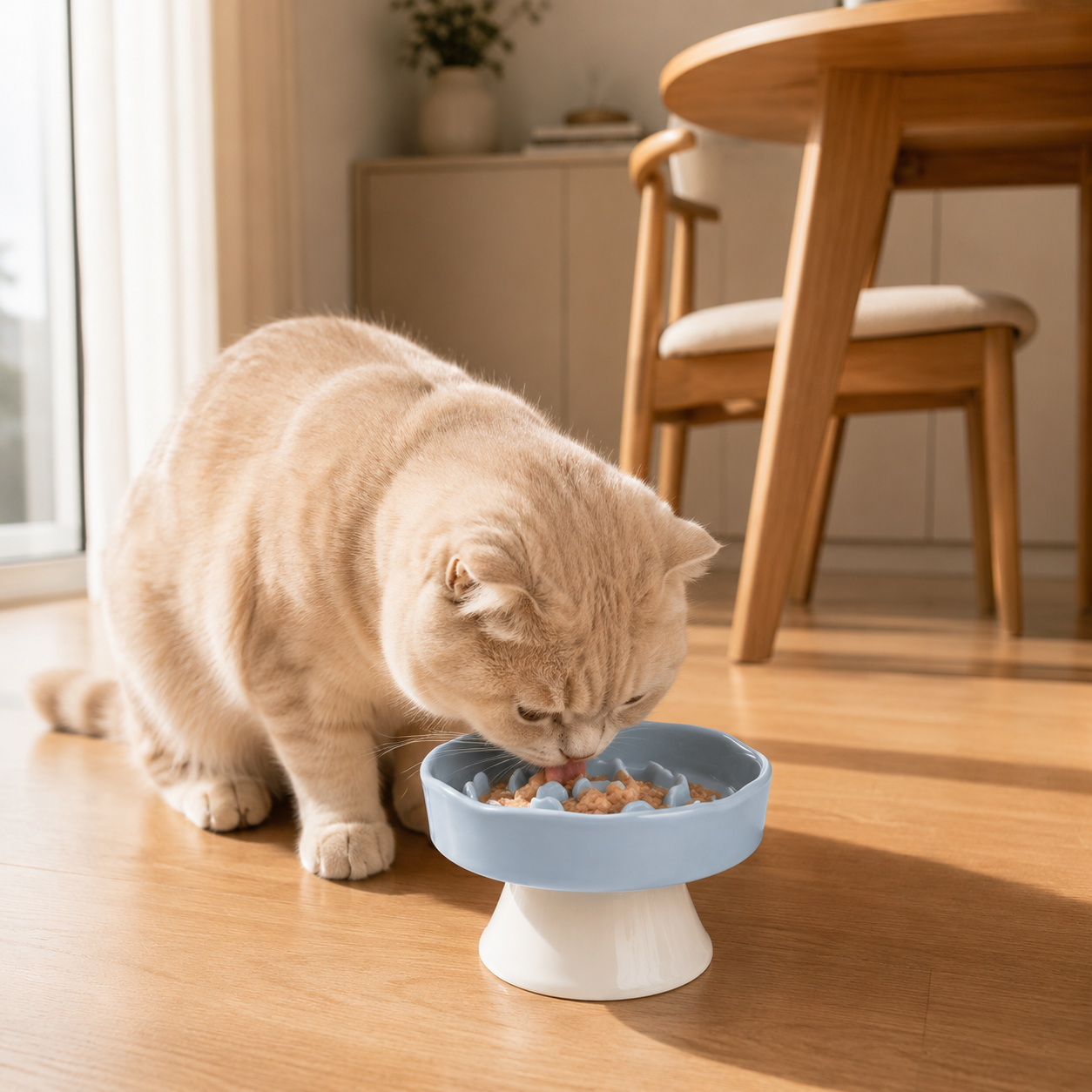 Ceramic Elevated Pet Slow Feeder Bowl for Cats and Small Dogs - Blue