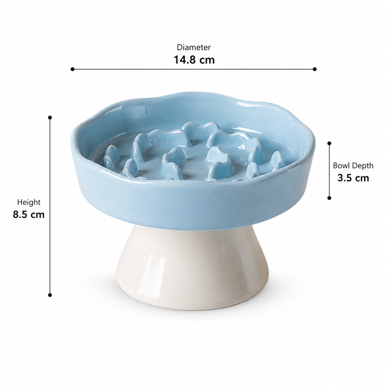 Ceramic Elevated Pet Slow Feeder Bowl for Cats and Small Dogs - Blue