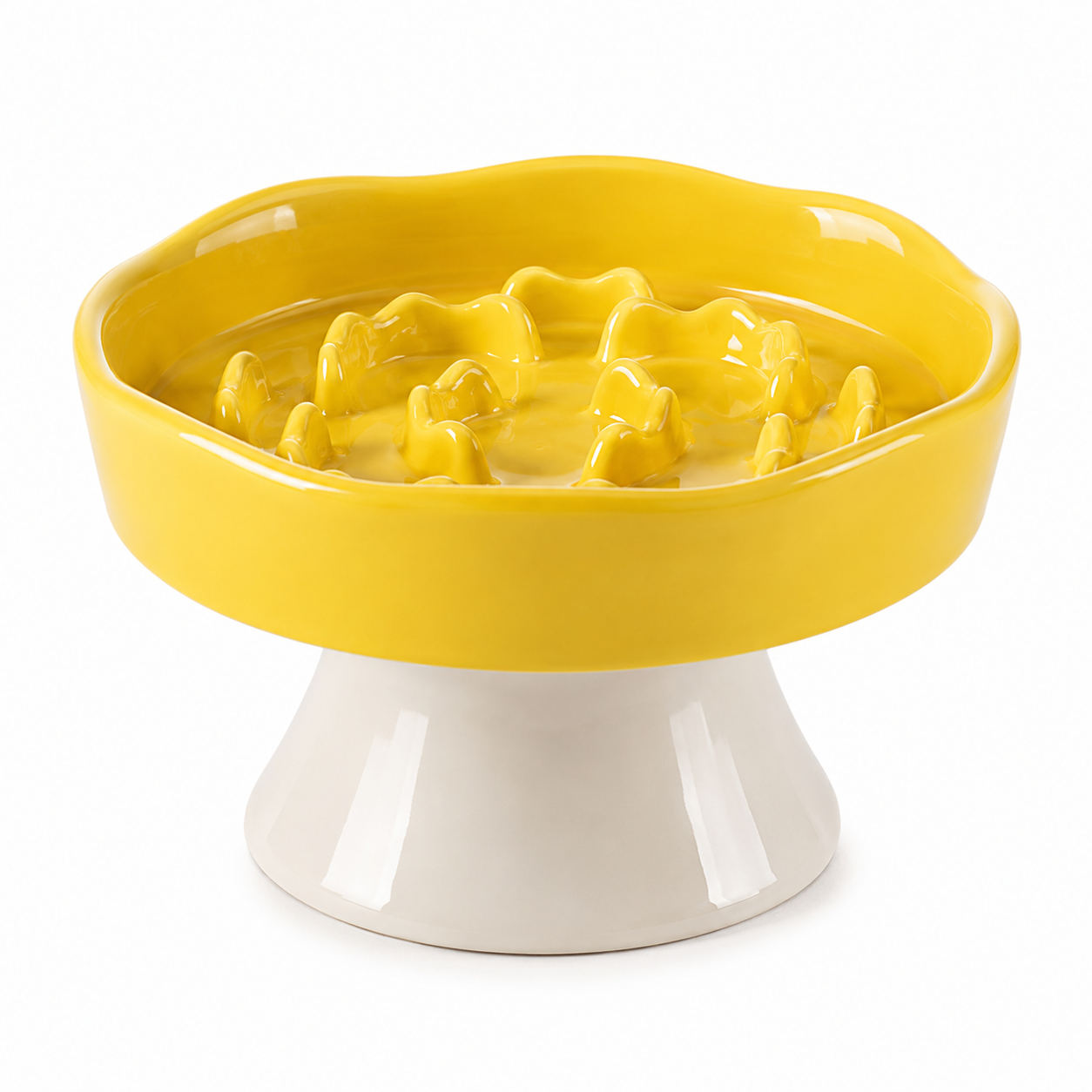 Ceramic Elevated Pet Slow Feeder Bowl for Cats and Small Dogs - Yellow