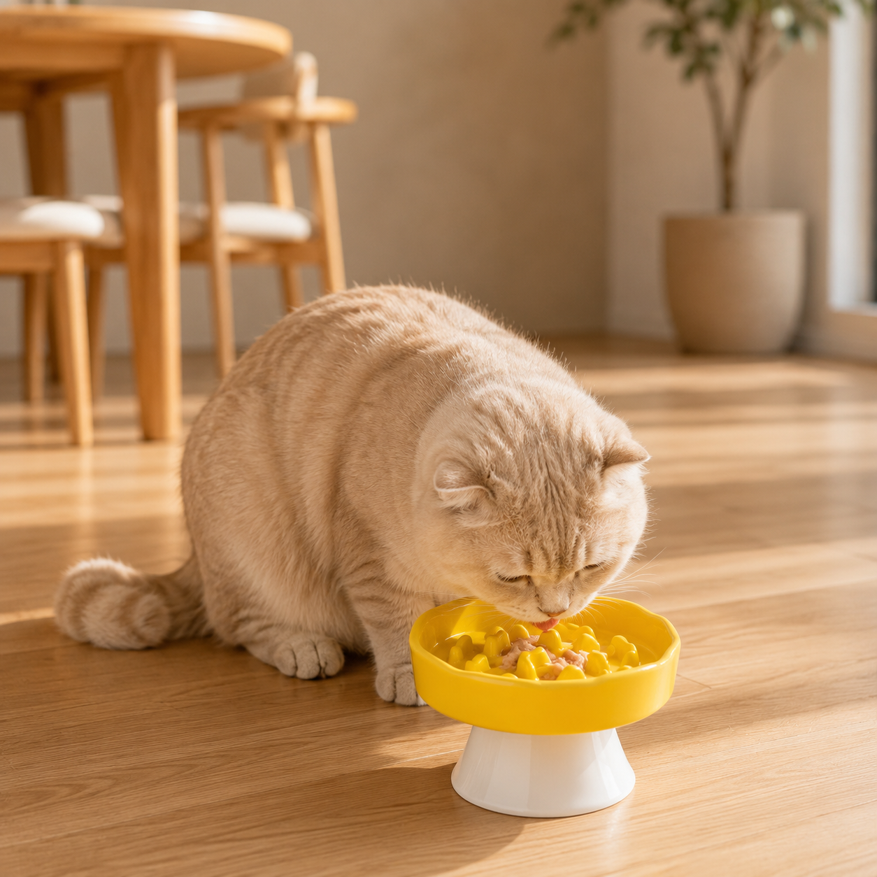 Ceramic Elevated Pet Slow Feeder Bowl for Cats and Small Dogs - Yellow