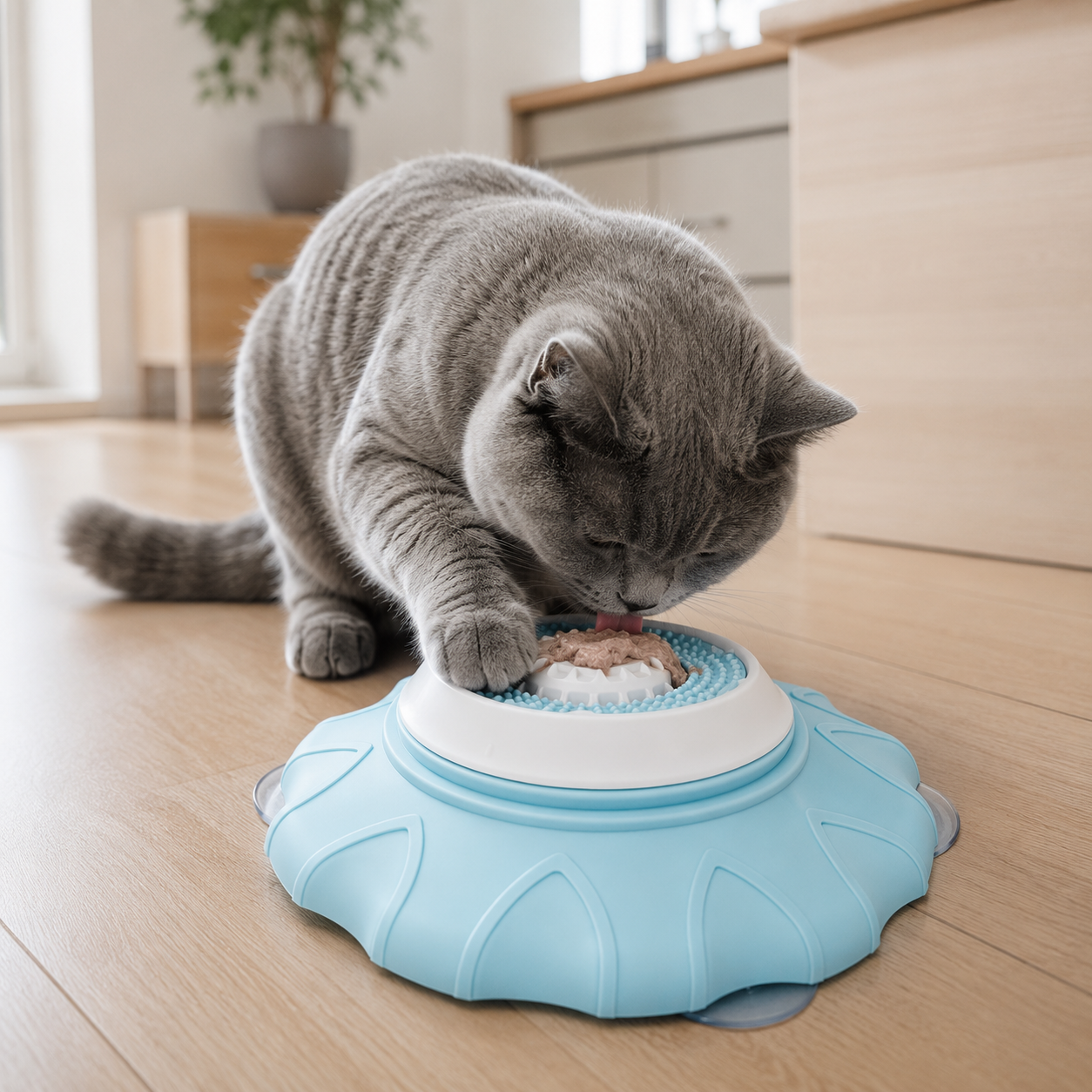 Pet Slow Feeder Bowl with Rotating Lick Pad - Blue