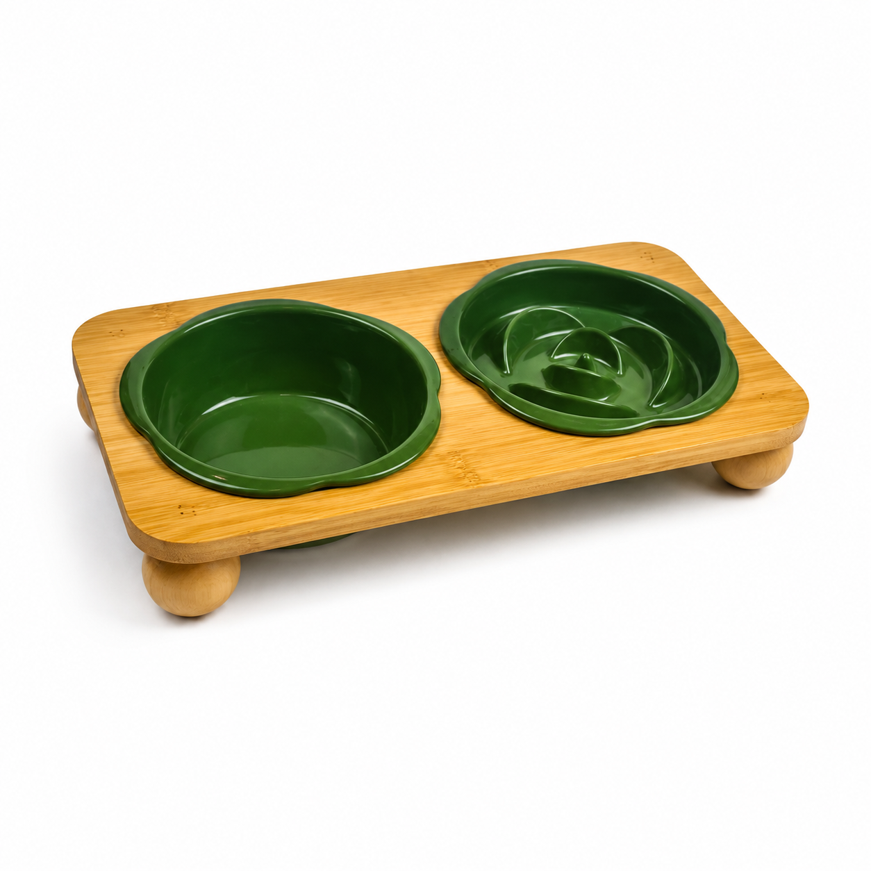 Ceramic Floral Cat Slow Feeder and Water Bowl Set - Green
