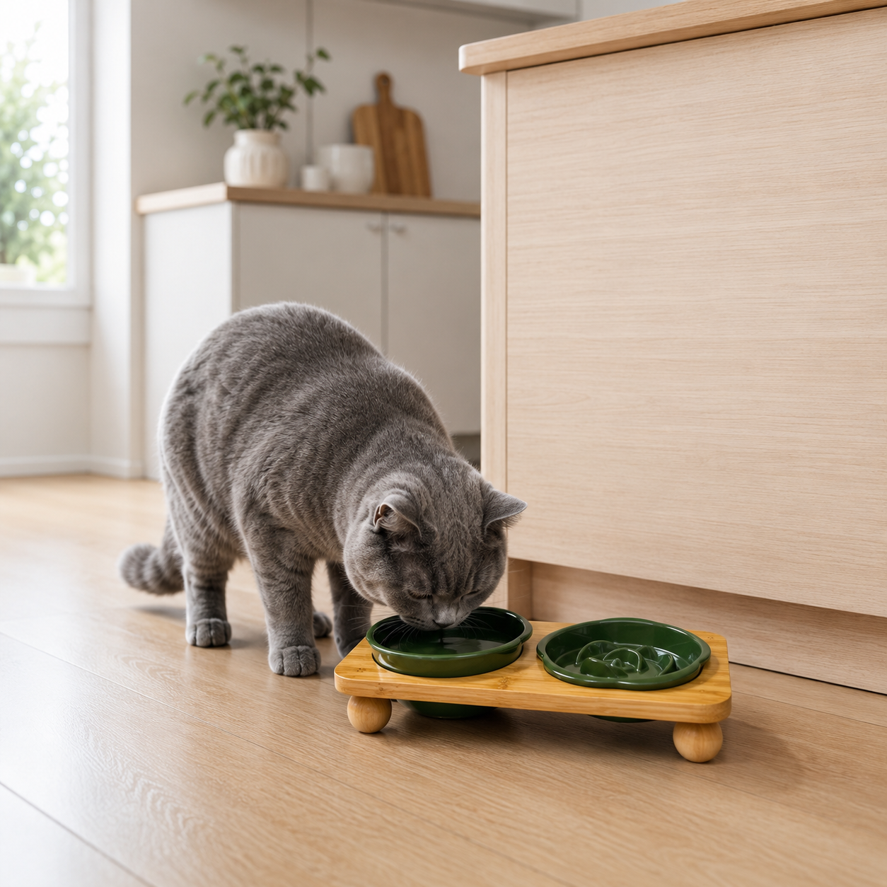 Ceramic Floral Cat Slow Feeder and Water Bowl Set - Green
