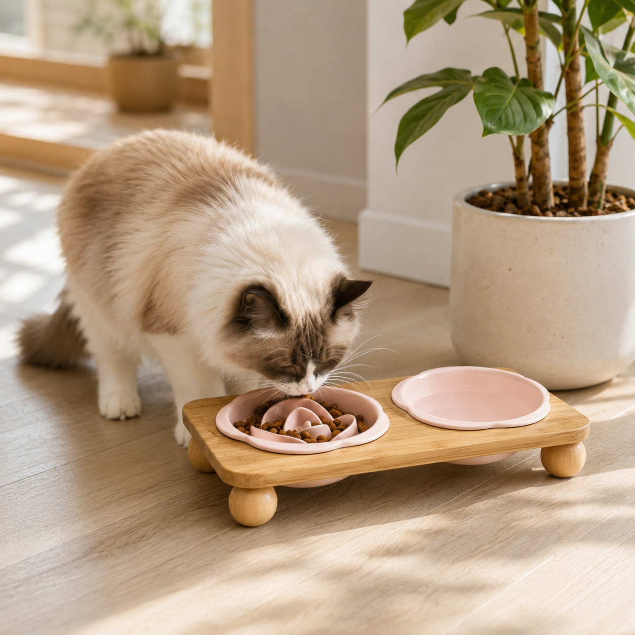 Ceramic Floral Cat Slow Feeder and Water Bowl Set - Pink