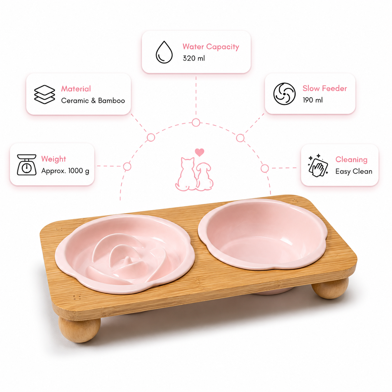 Ceramic Floral Cat Slow Feeder and Water Bowl Set - Pink